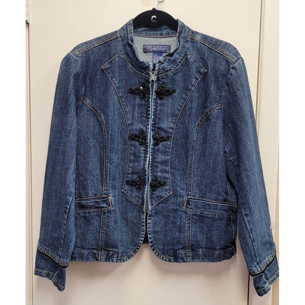 Baccini Denim Jean Jacket Fitted Black Sequins Buttons Zipper Front‎ Women's XL